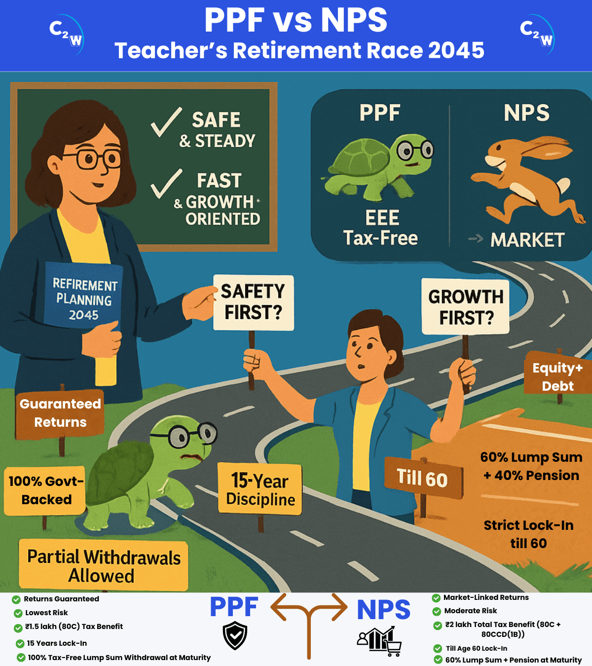 PPF vs NPS retirement comparison infographic showing a teacher evaluating safe PPF tortoise vs growth-focused NPS hare, highlighting returns, tax benefits, lock-in, and best fit for teachers planning Retirement 2045.