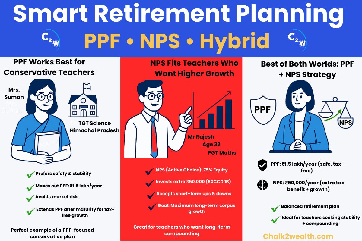 PPF vs NPS comparison infographic for teachers showing conservative, growth, and hybrid retirement strategies.
