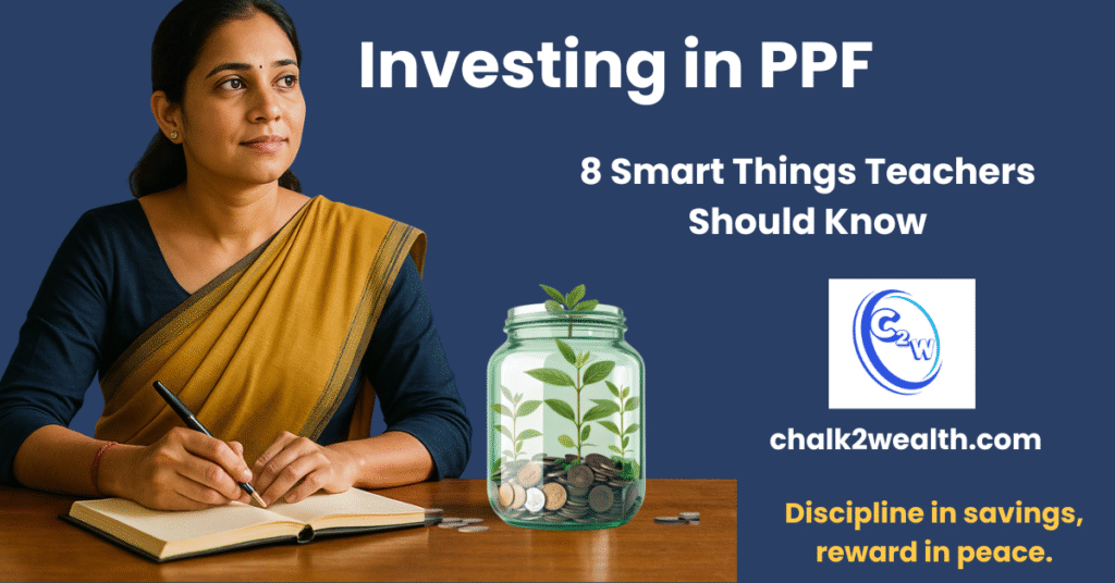 Investing in PPF visual showing an Indian teacher planning savings with a diary and a glass jar of coins and plant, Chalk2Wealth.
