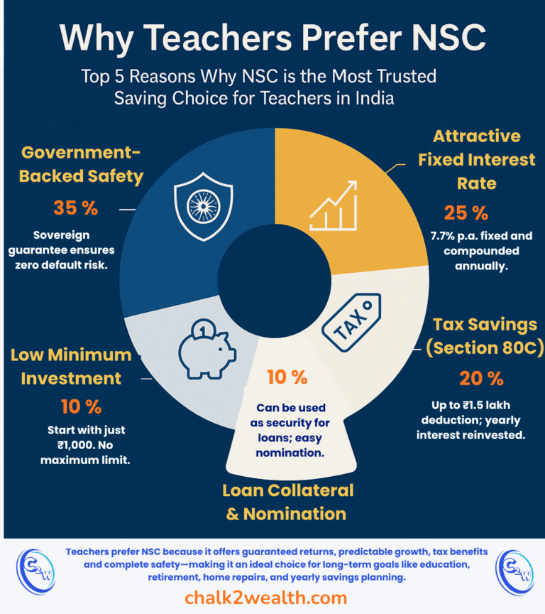 Is NSC interest taxable infographic showing tax rules, 80C reinvested interest benefit, fixed returns, safety features, and final-year tax impact for teachers.