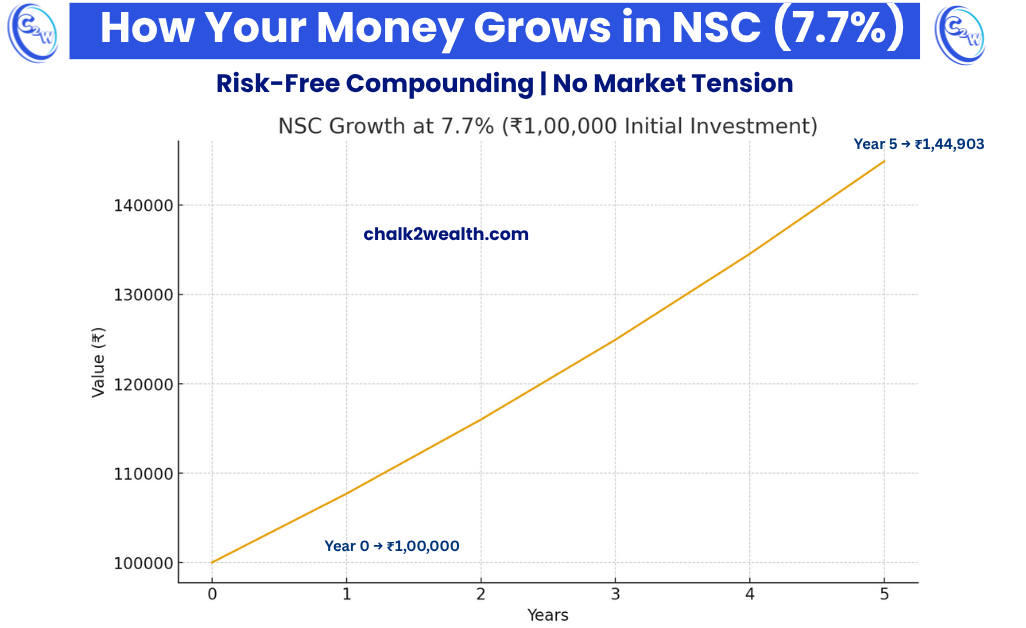 National Savings Certificate compounding graph showing how ₹1,00,000 grows to ₹1,44,000 in 5 years at 7.7 percent interest, safe government-backed investment for teachers.