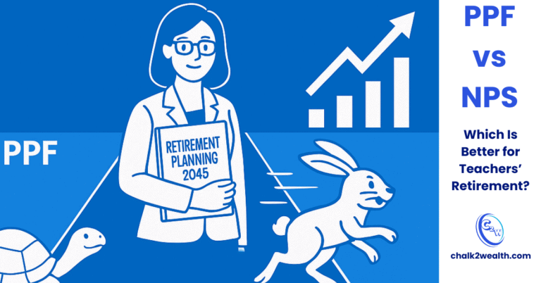 PPF vs NPS comparison illustration showing a teacher with a Retirement Planning 2045 file, a tortoise symbolizing PPF, and a hare symbolizing NPS to explain long-term retirement options for teachers.