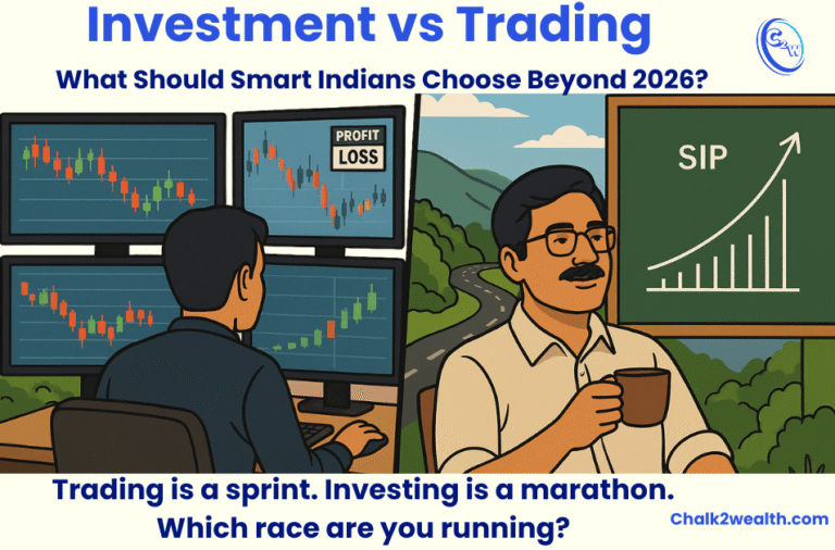 Investment vs trading illustration showing a stressed trader watching multiple stock charts versus a calm salaried Indian investor following a SIP growth path, symbolising sprint vs marathon
