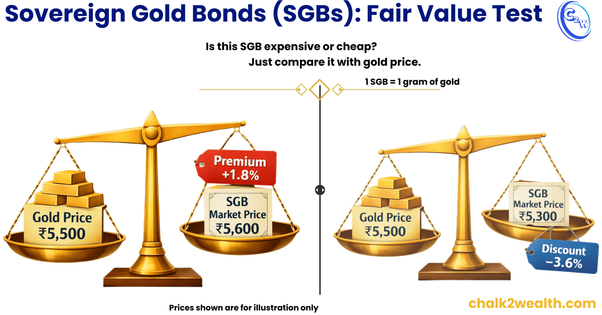 Sovereign Gold Bonds fair value test showing how to compare SGB market price with gold price to identify premium or discount
