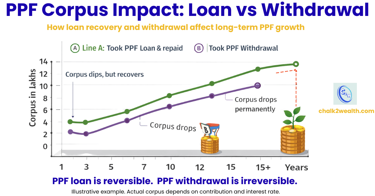 PPF loan vs withdrawal corpus impact graph showing how a PPF loan recovers savings while a PPF withdrawal permanently reduces long-term growth