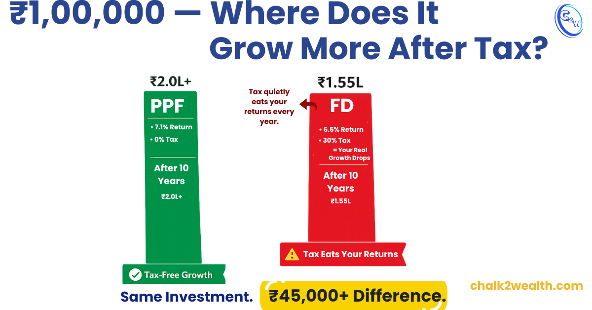 PPF vs fixed deposit after tax comparison showing tax-free PPF returns vs taxable FD returns in India