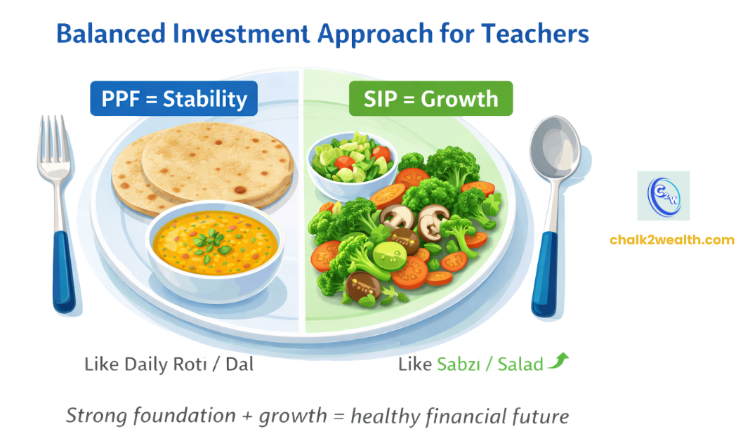 PPF vs SIP balanced investment illustration showing PPF as stability like roti and dal and SIP as growth like sabzi and salad for teachers