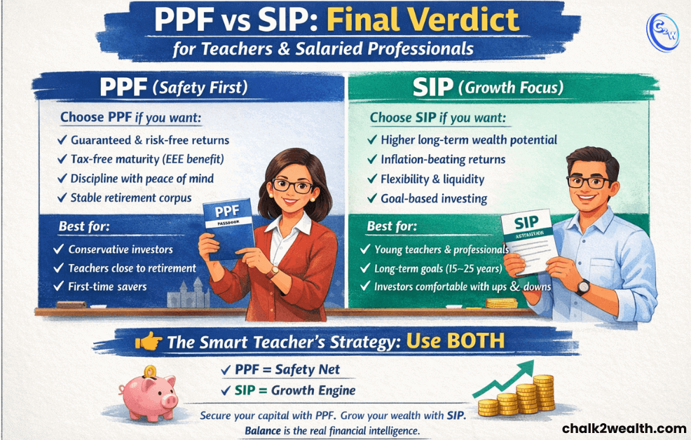 PPF vs SIP final verdict for teachers and salaried professionals showing safety vs growth investment strategy