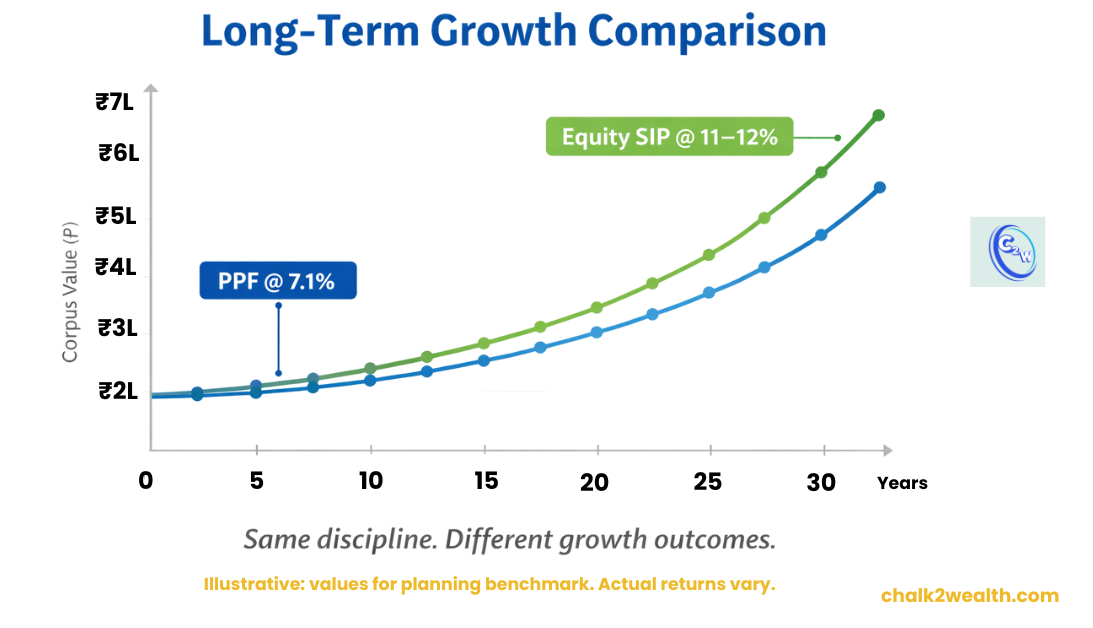 PPF vs SIP long-term growth comparison showing PPF at 7.1% and equity SIP at 11–12% over a 30-year investment horizon in India