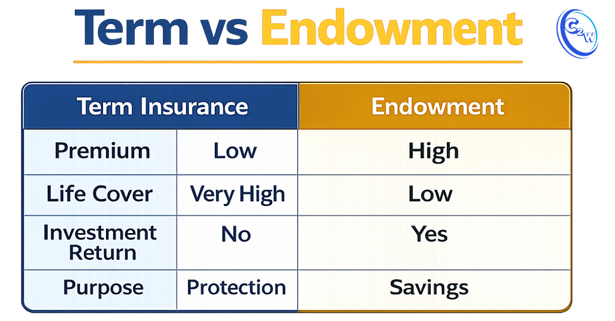 Is term insurance worth it? Term insurance vs endowment plan comparison showing premium, life cover, investment return, and purpose.