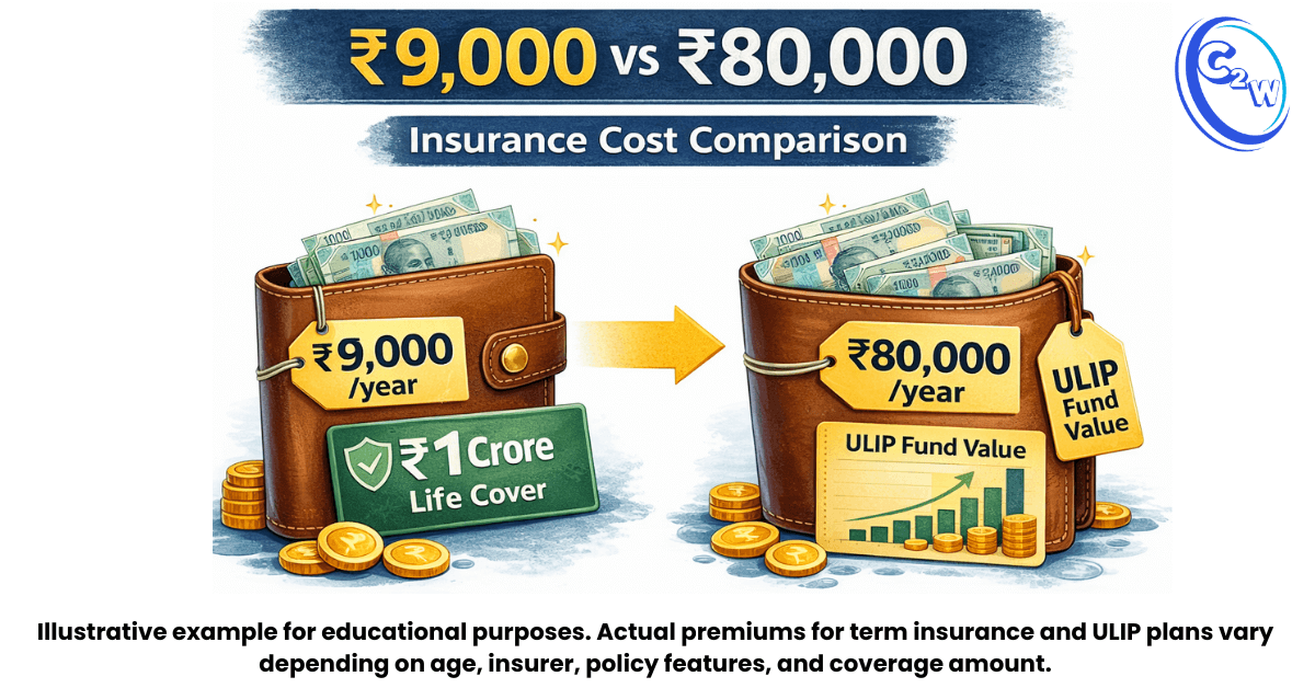 Term insurance vs ULIP cost comparison showing ₹9000 term plan premium versus ₹80000 ULIP premium